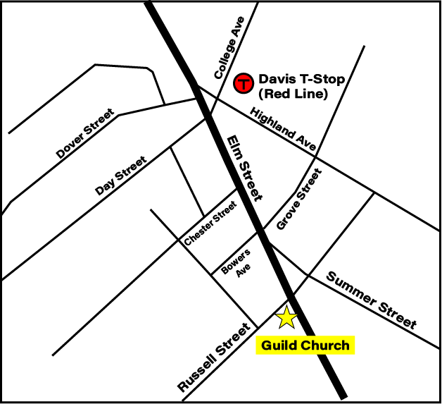 Simplified map showing the location of the church in relation to Davis Square